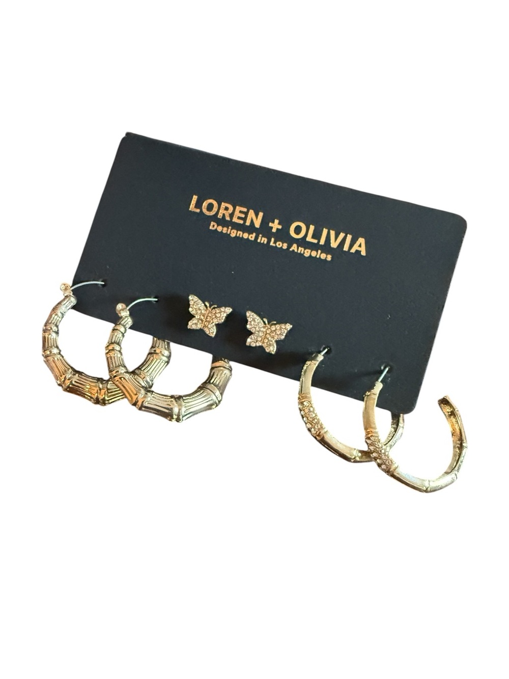 Loren + Olivia Los Angeles Gold Tone 3 Set Hoops Crystal Butterfly Studs NEW